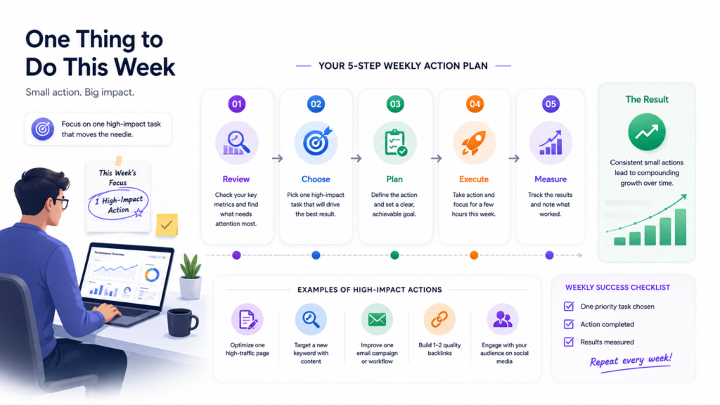 nfographic showing a 5-step weekly digital marketing action plan to review, choose, plan, execute, and measure one high-impact SEO task.