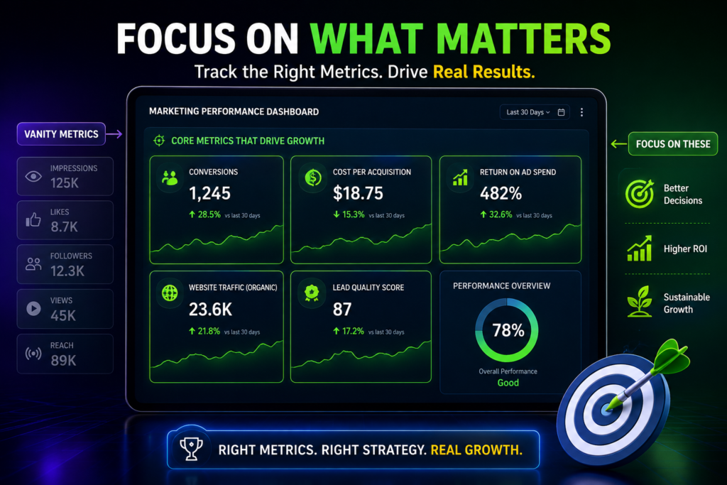 Digital marketing performance metrics dashboard highlighting key KPIs