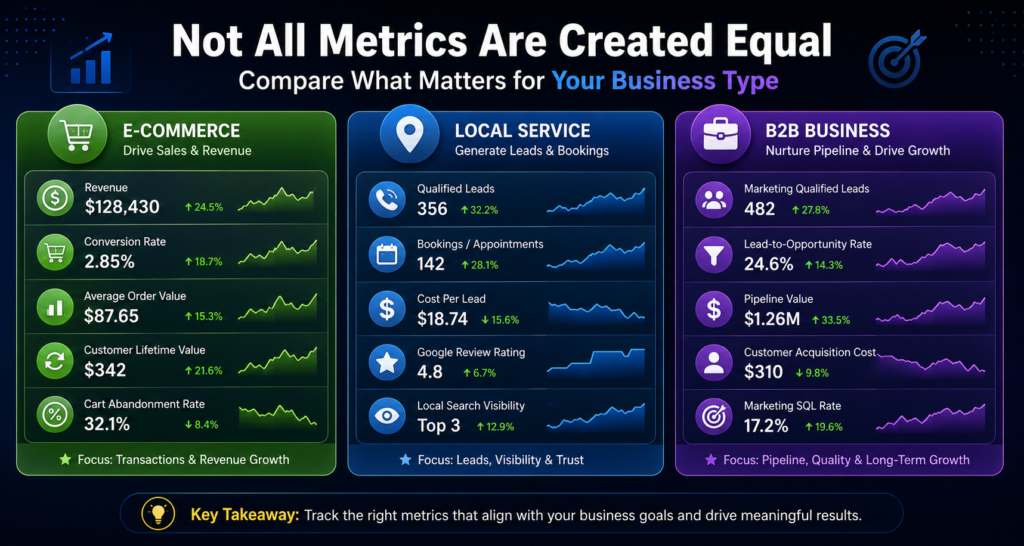 Side-by-side comparison graphic of e-commerce, local service, and B2B metric sets. Alt text: "comparison of digital marketing performance metrics by business type"