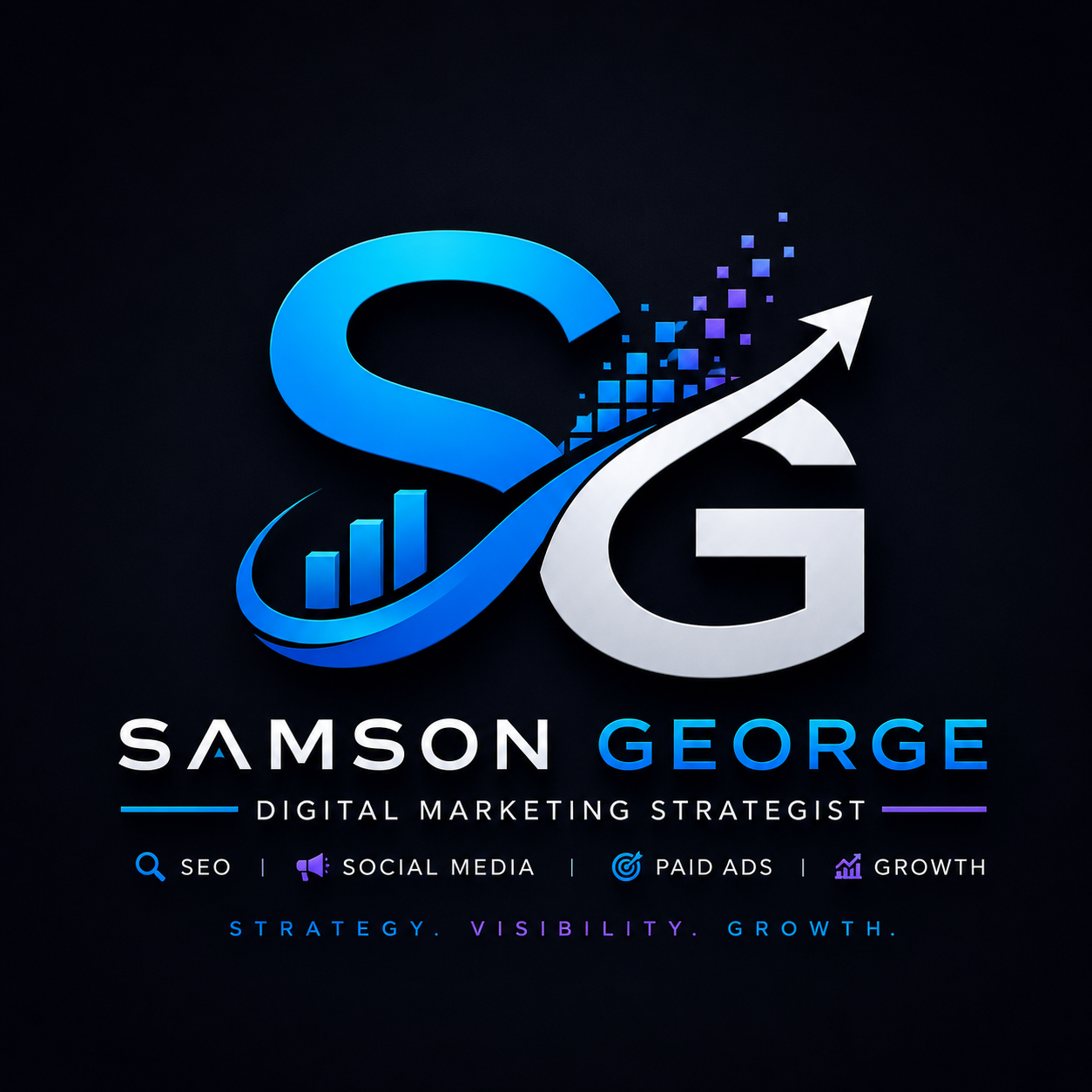 Creative Samson George logo for a Digital Marketing Strategist in Kochi, featuring an interlocking SG monogram, upward growth arrow, analytics bars, and digital marketing icons representing SEO, social media, paid ads, and business growth.”